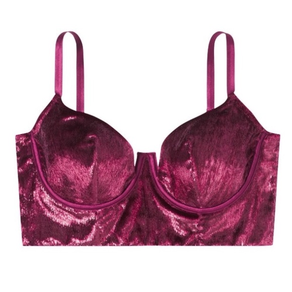 VS Shimmer Velvet Long Line Balconet Bra Red 32C - Picture 3 of 5